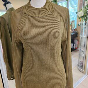French Connection Women's Olive Sheer Melody Mixed Media Sweater, Size XL